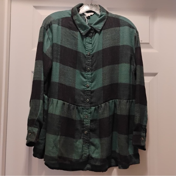 NWT American Eagle Green Black Plaid Peplum Oversized Flannel Shirt Size XS - Picture 1 of 8